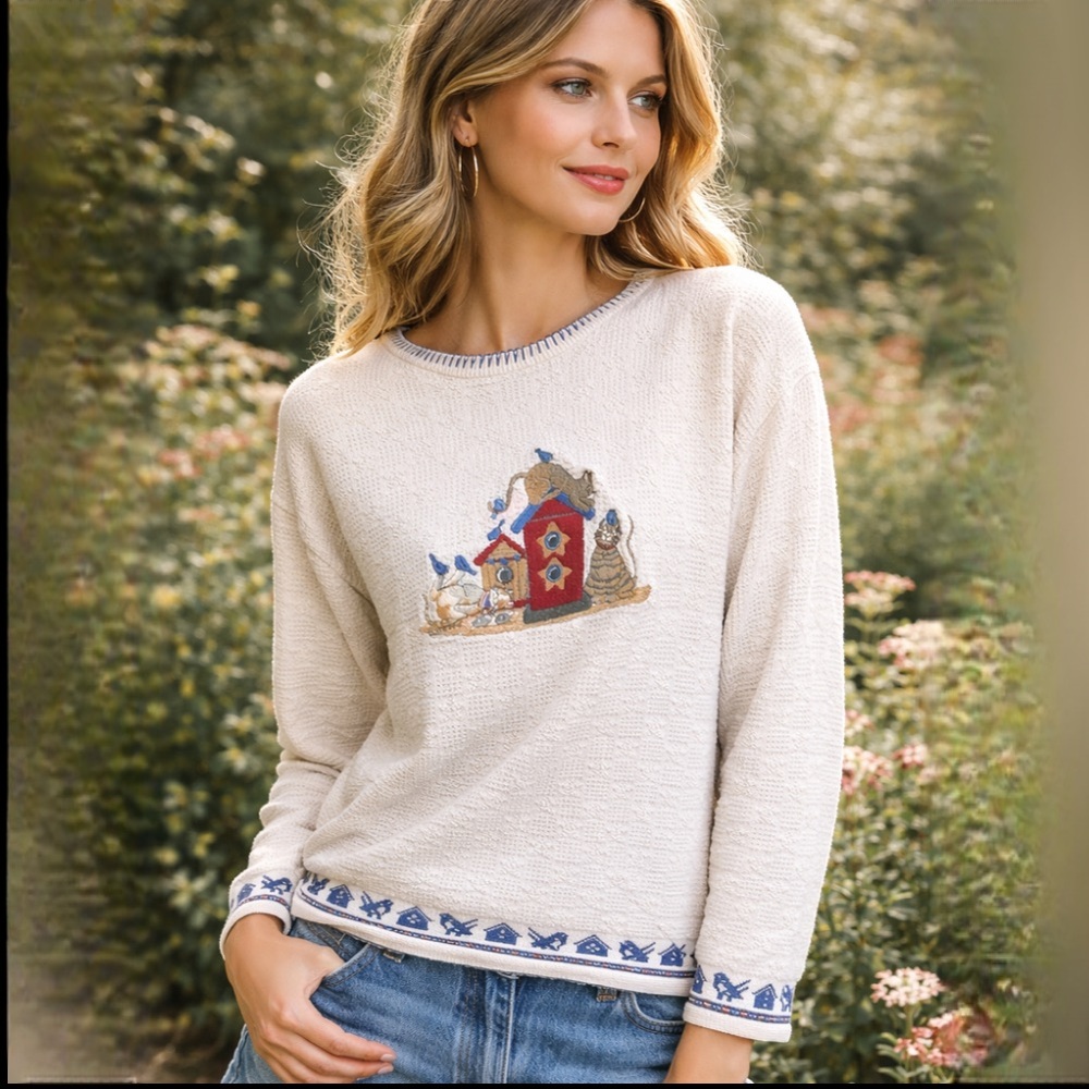 Vintage Le Moda Ivory Cotton Cat Embroidered Sweater Top Size Medium